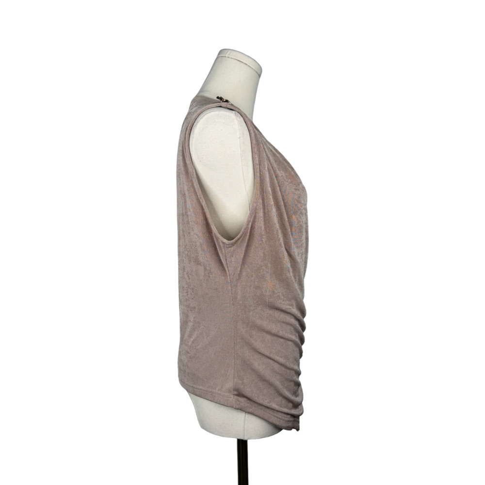 blush noir Sleeveless Ruched Metallic Taupe Knit Top Sz. L NWT - Picture 2 of 6